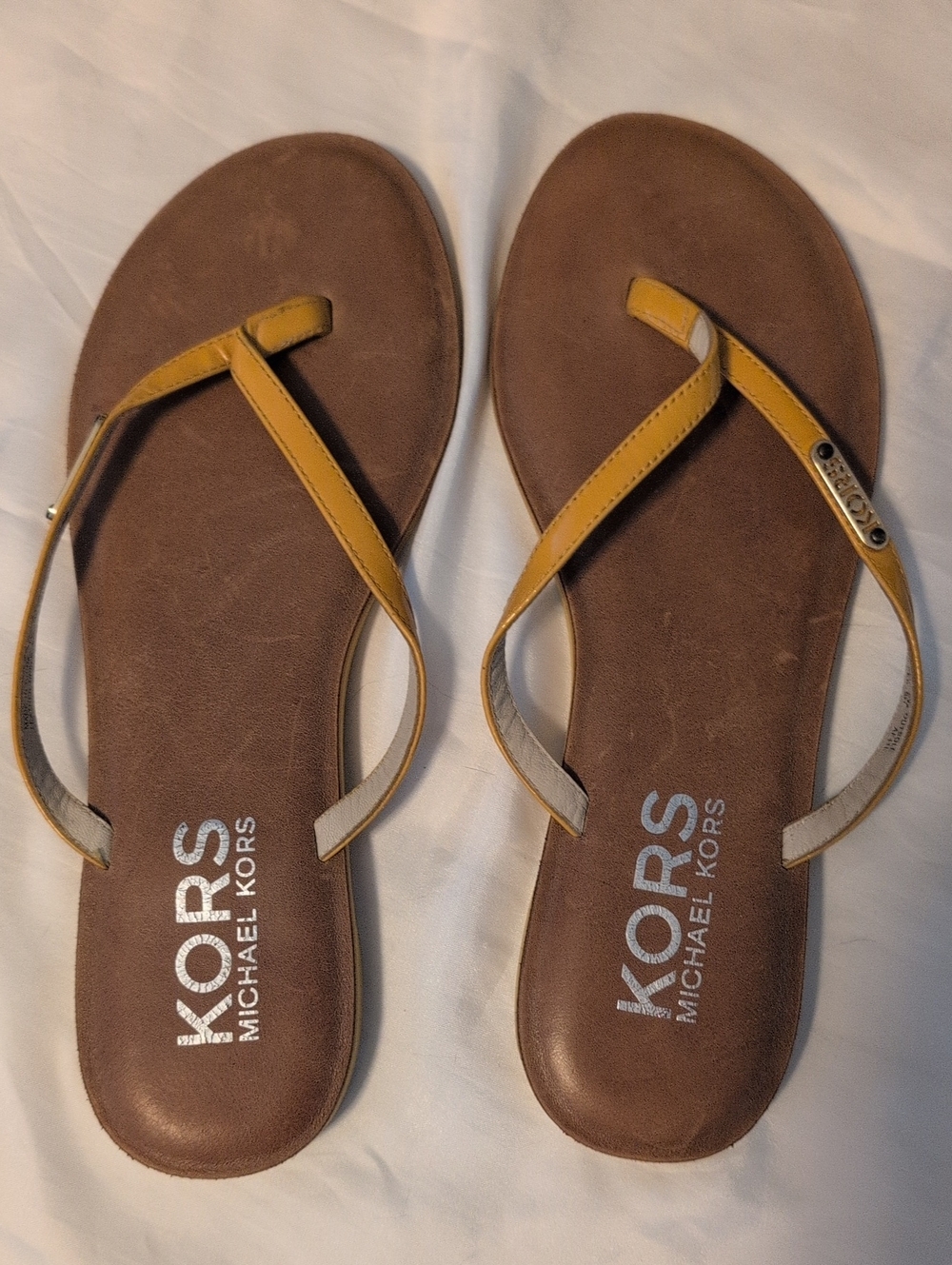 Michael Kors Yellow and Brown Leather Thong Sandals Size 9